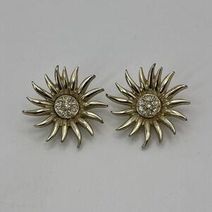 Vintage Marboux Clip On Gold Tone Earrings Sun Sunburst Flower Rhinestones